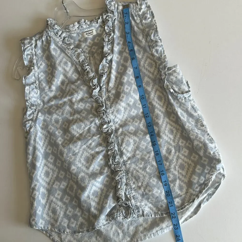 Dylan Fiesta Ruffle Top Womens XS Light Blue Western Southwest Print Button
